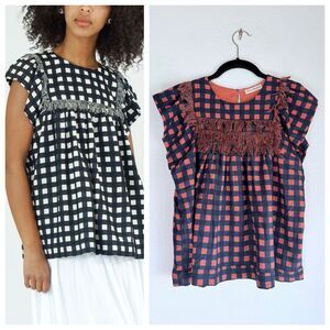 EUC Ulla Johnson Gingham Fringe Flutter Sleeve Blouse in Navy & Orange Size S
